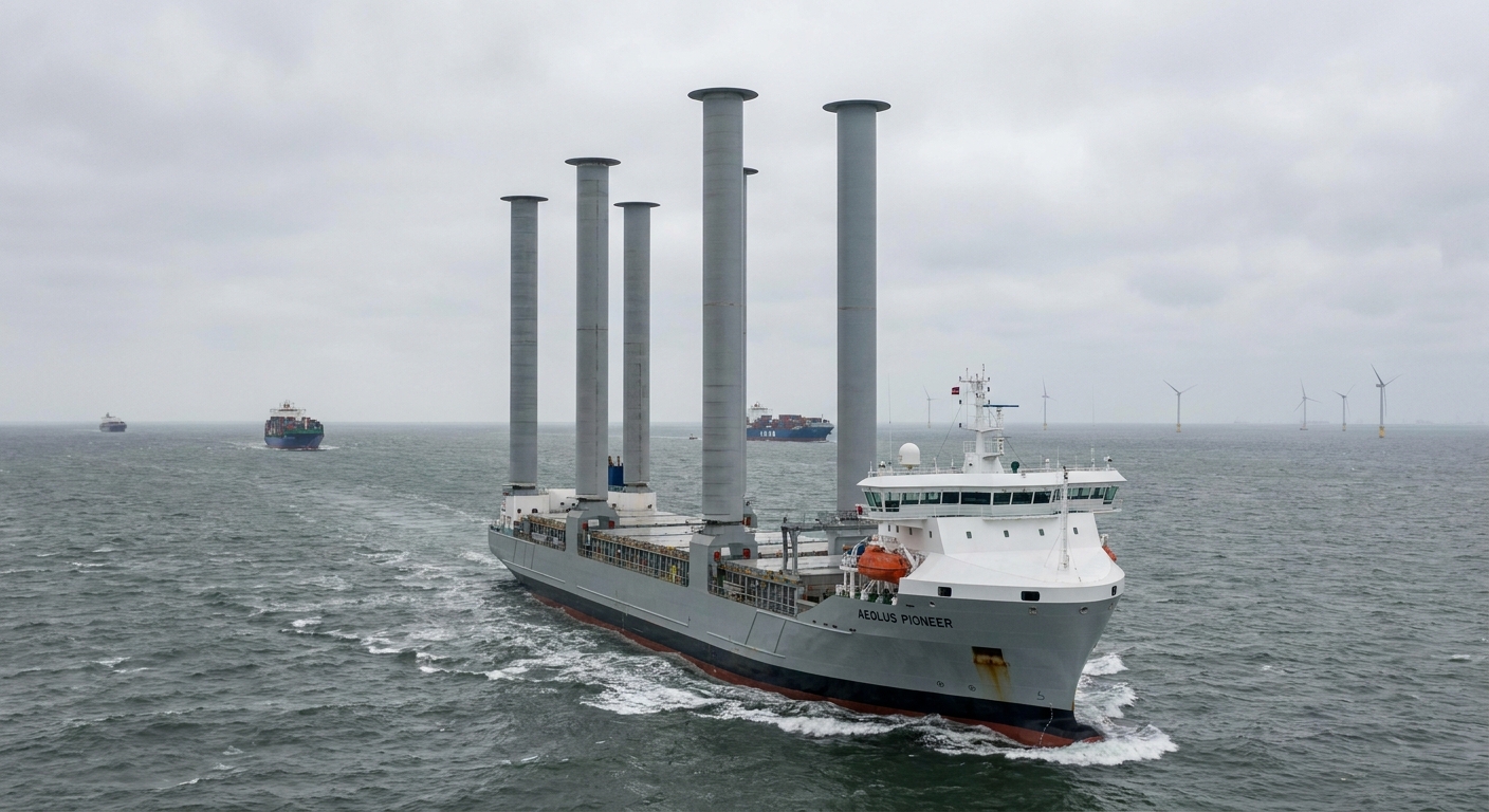 Frachtschiff mit Rotor-Segeln auf der Nordsee
