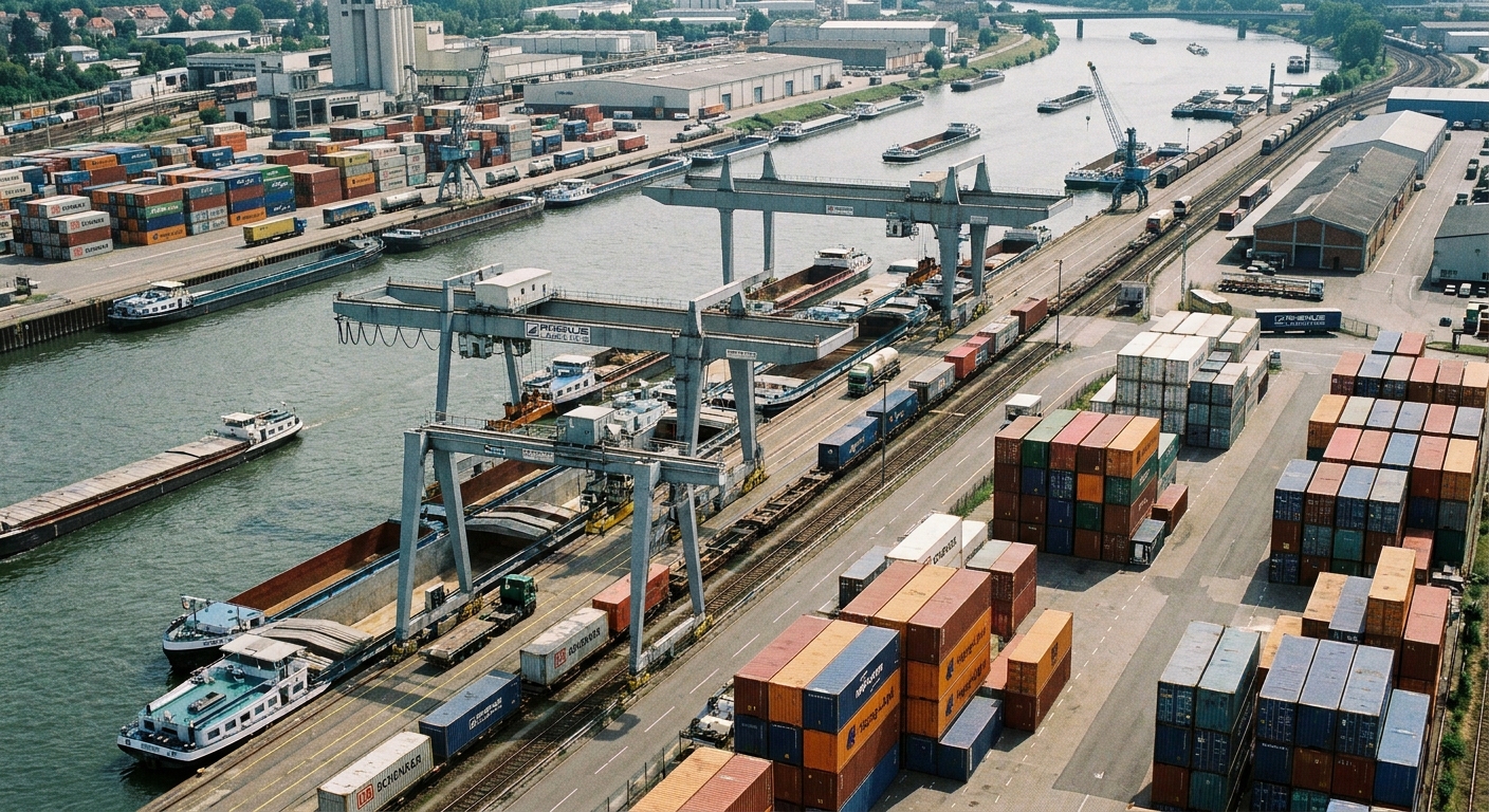 Trimodaler Binnenhafen mit Kränen und Containern