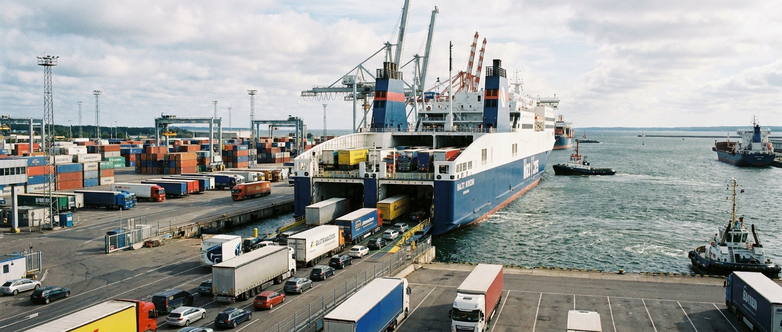 Ro-Ro-Fähre beim Verladen an einem Ostseehafen